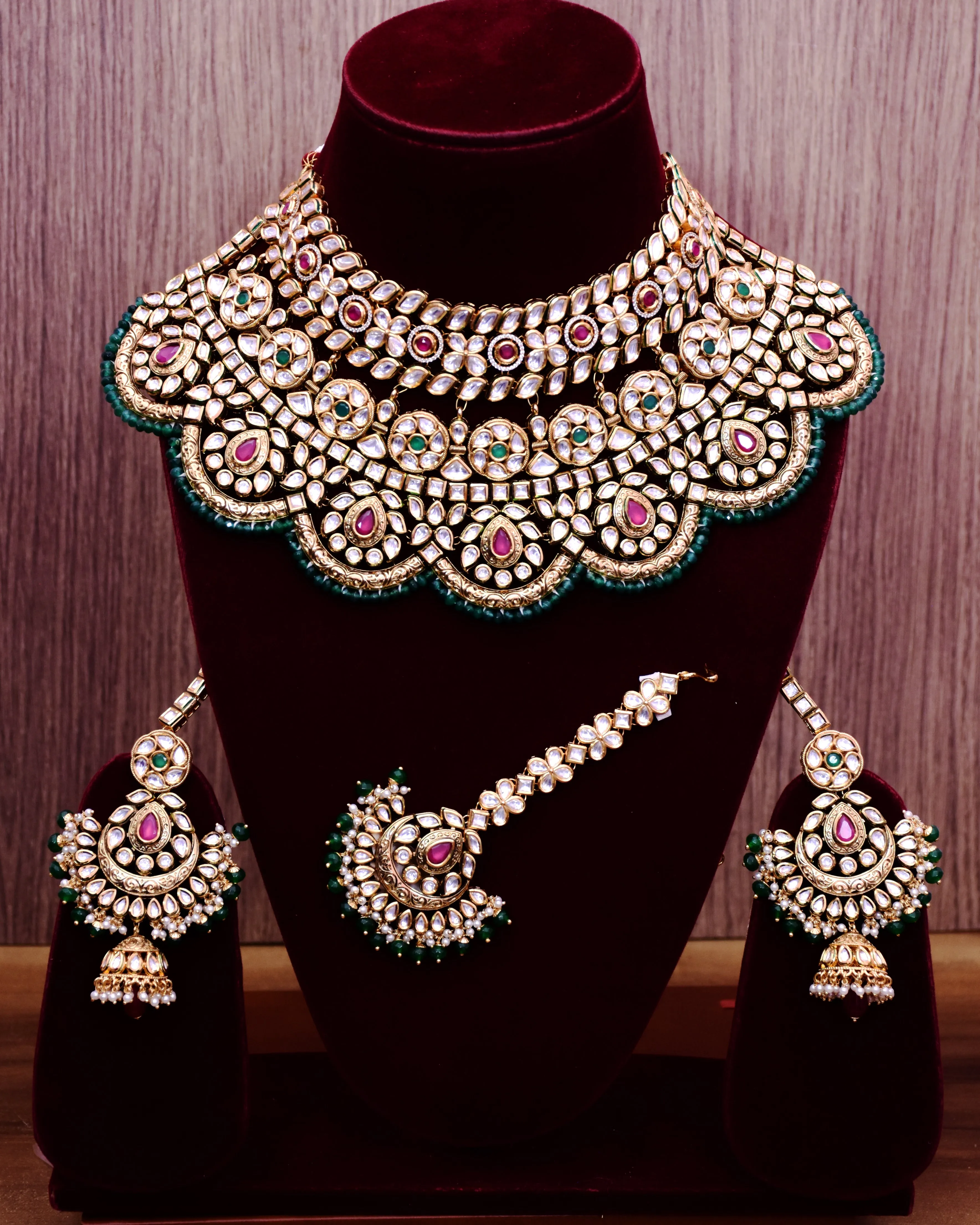 Designer Gold Plated Royal Kundan Ruby & Emerald Necklace with Earrings (D644)