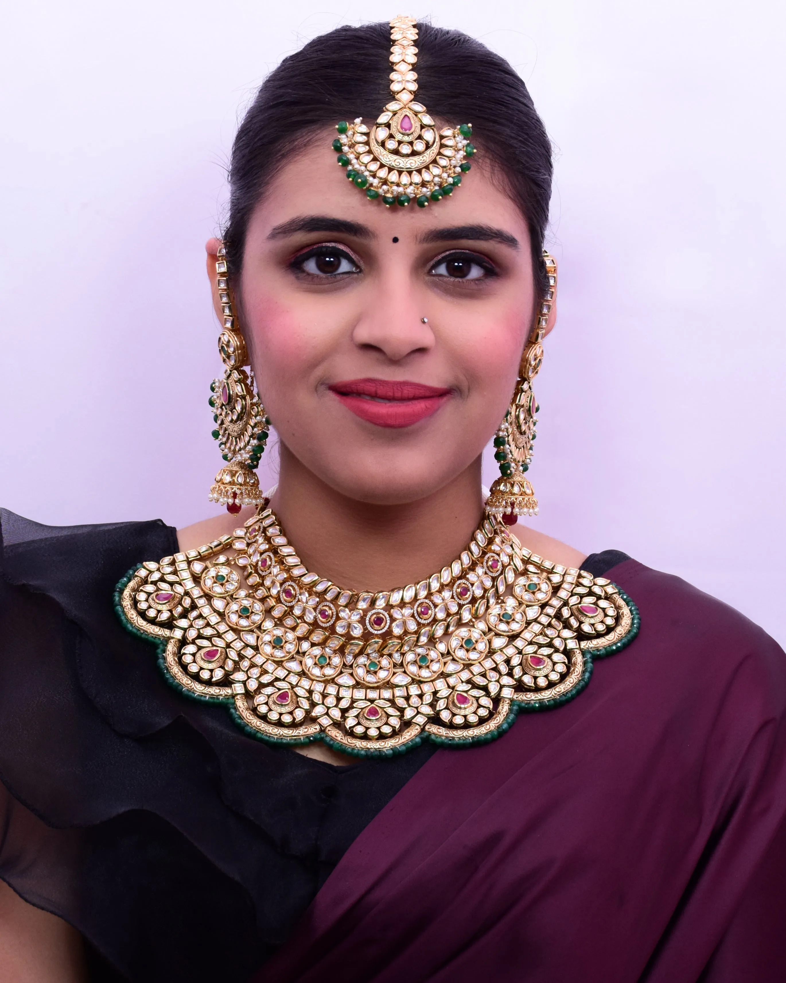 Designer Gold Plated Royal Kundan Ruby & Emerald Necklace with Earrings (D644)