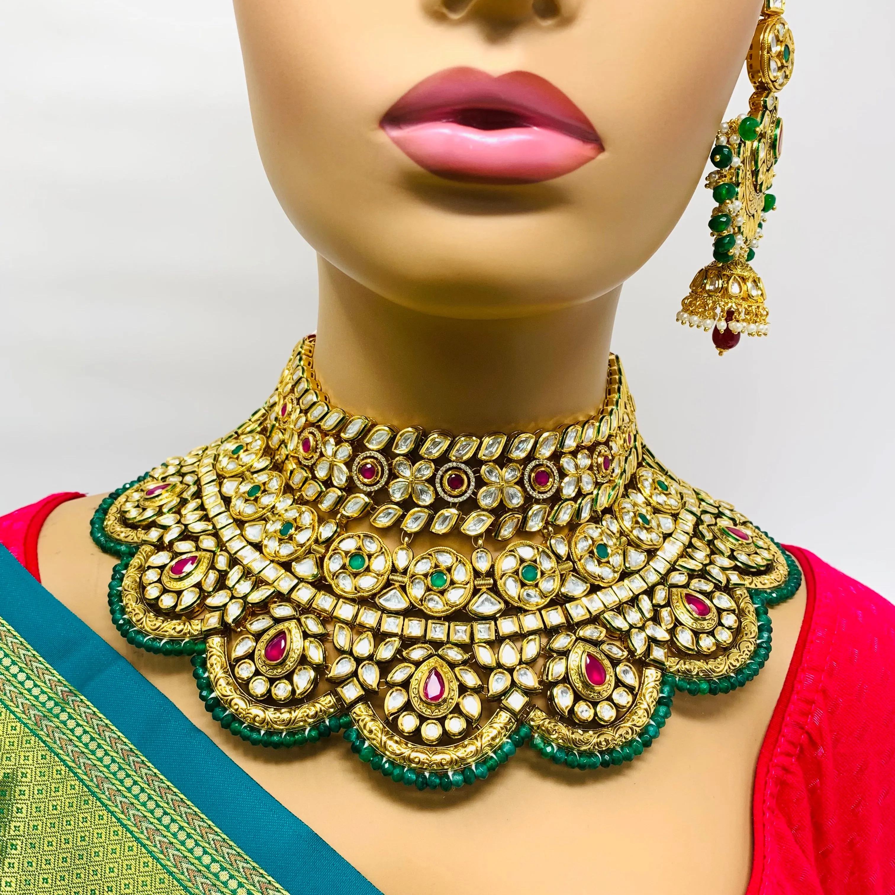 Designer Gold Plated Royal Kundan Ruby & Emerald Necklace with Earrings (D644)