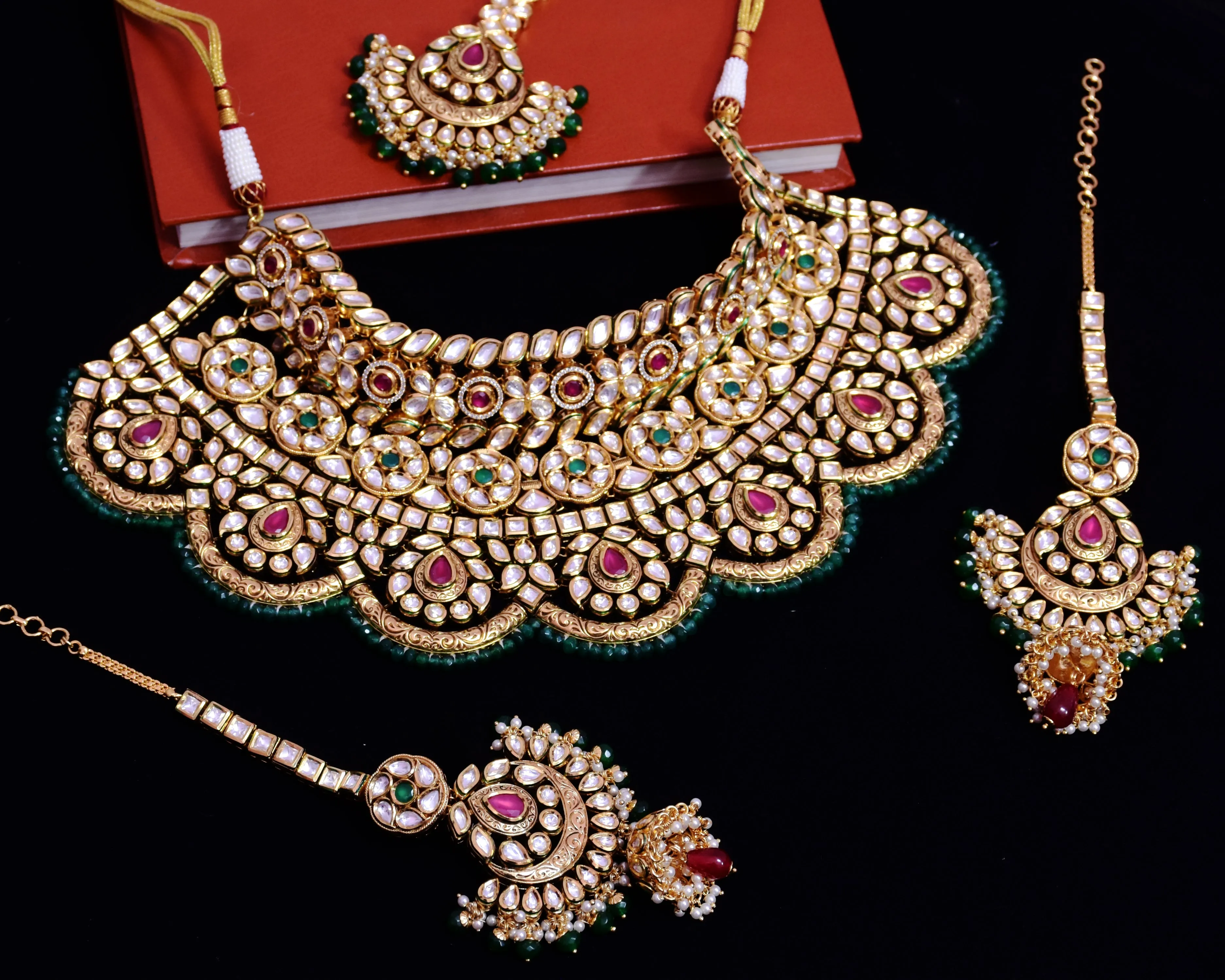 Designer Gold Plated Royal Kundan Ruby & Emerald Necklace with Earrings (D644)