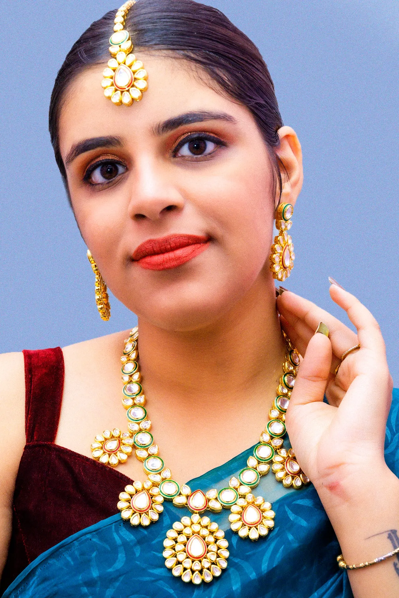 Designer Gold Plated Royal Kundan Ruby & Emerald Necklace with Earrings (D884)