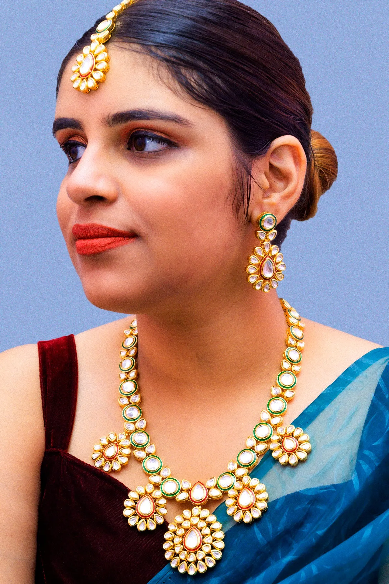 Designer Gold Plated Royal Kundan Ruby & Emerald Necklace with Earrings (D884)