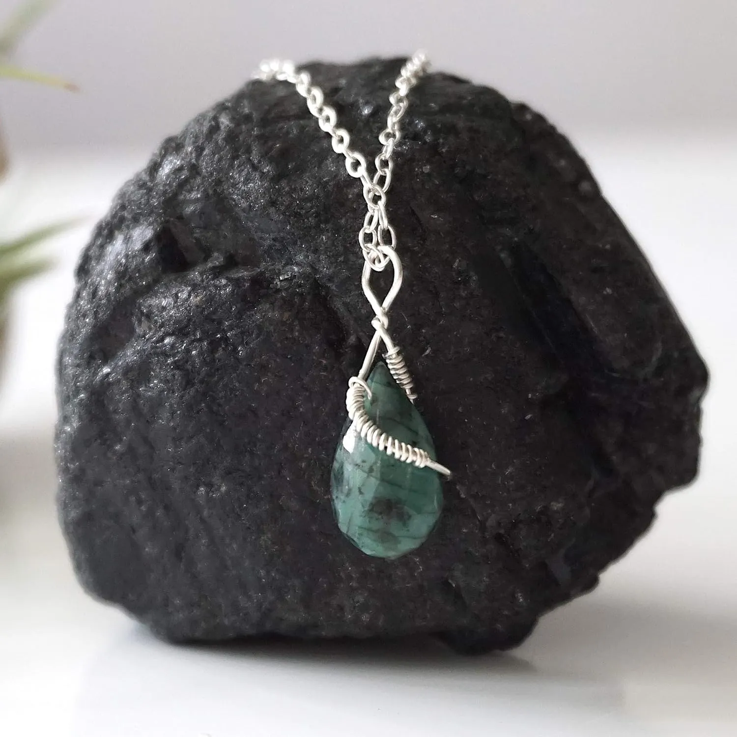 Designs by Nature Gems Handmade Womens Emerald Charm Necklace 18 inch Chain Sterling Silver, May Birthstone