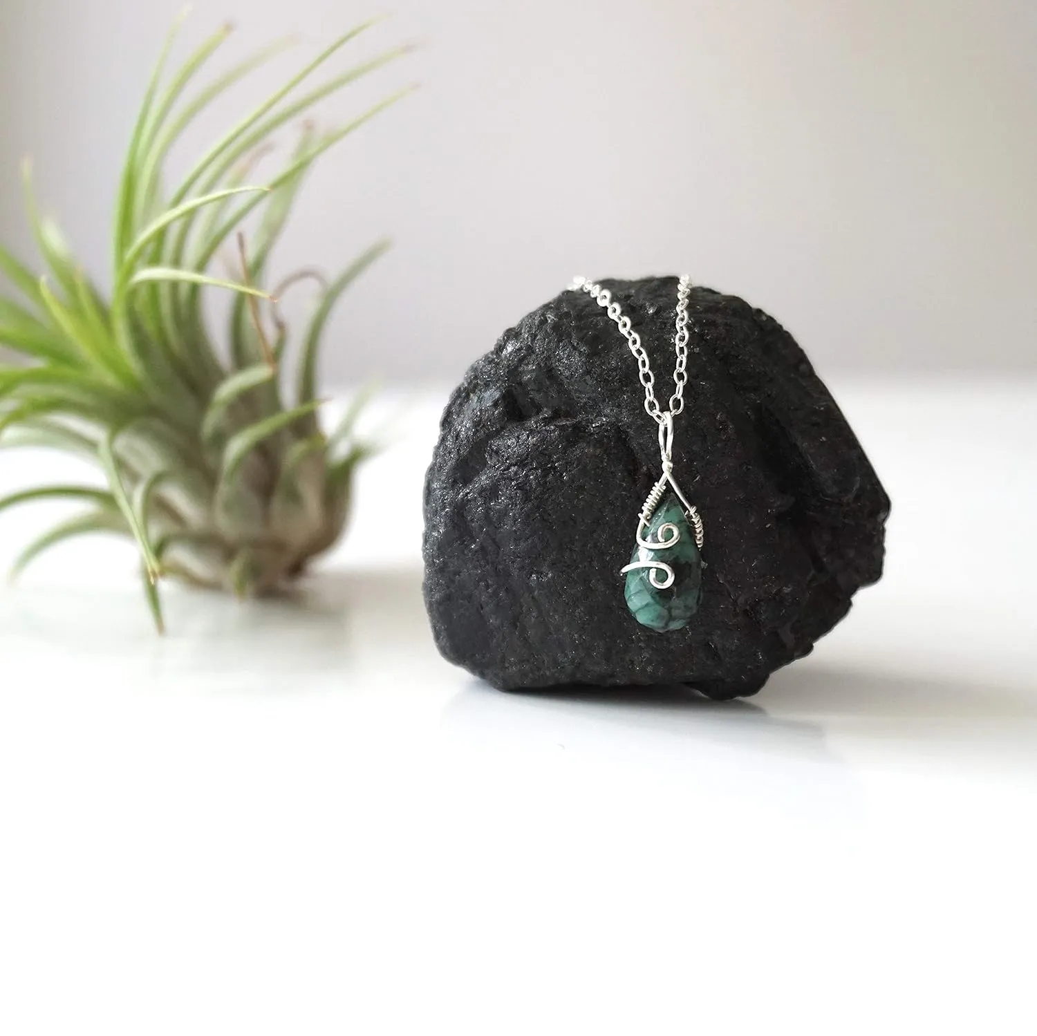 Designs by Nature Gems Handmade Womens Emerald Charm Necklace 18 inch Chain Sterling Silver, May Birthstone