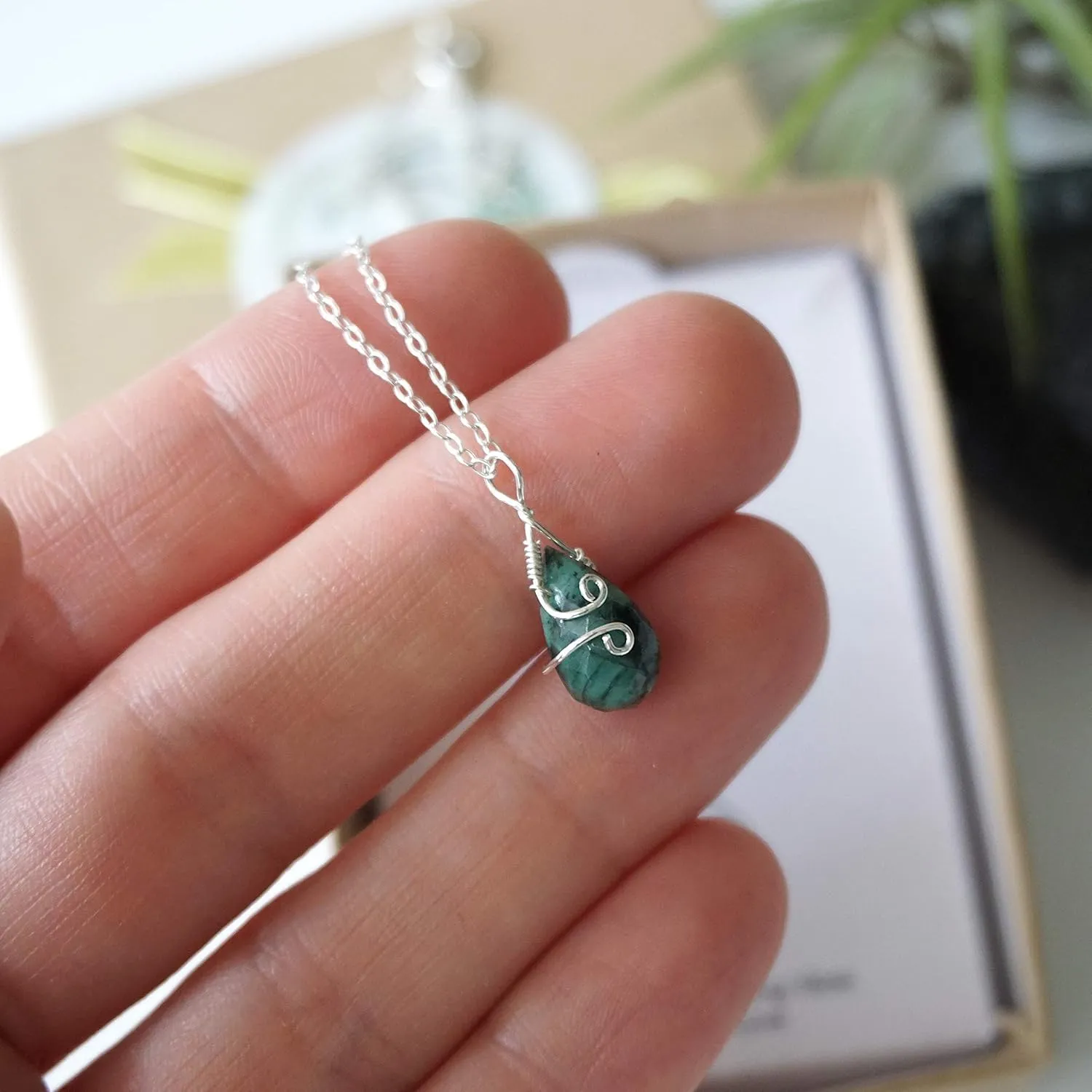 Designs by Nature Gems Handmade Womens Emerald Charm Necklace 18 inch Chain Sterling Silver, May Birthstone