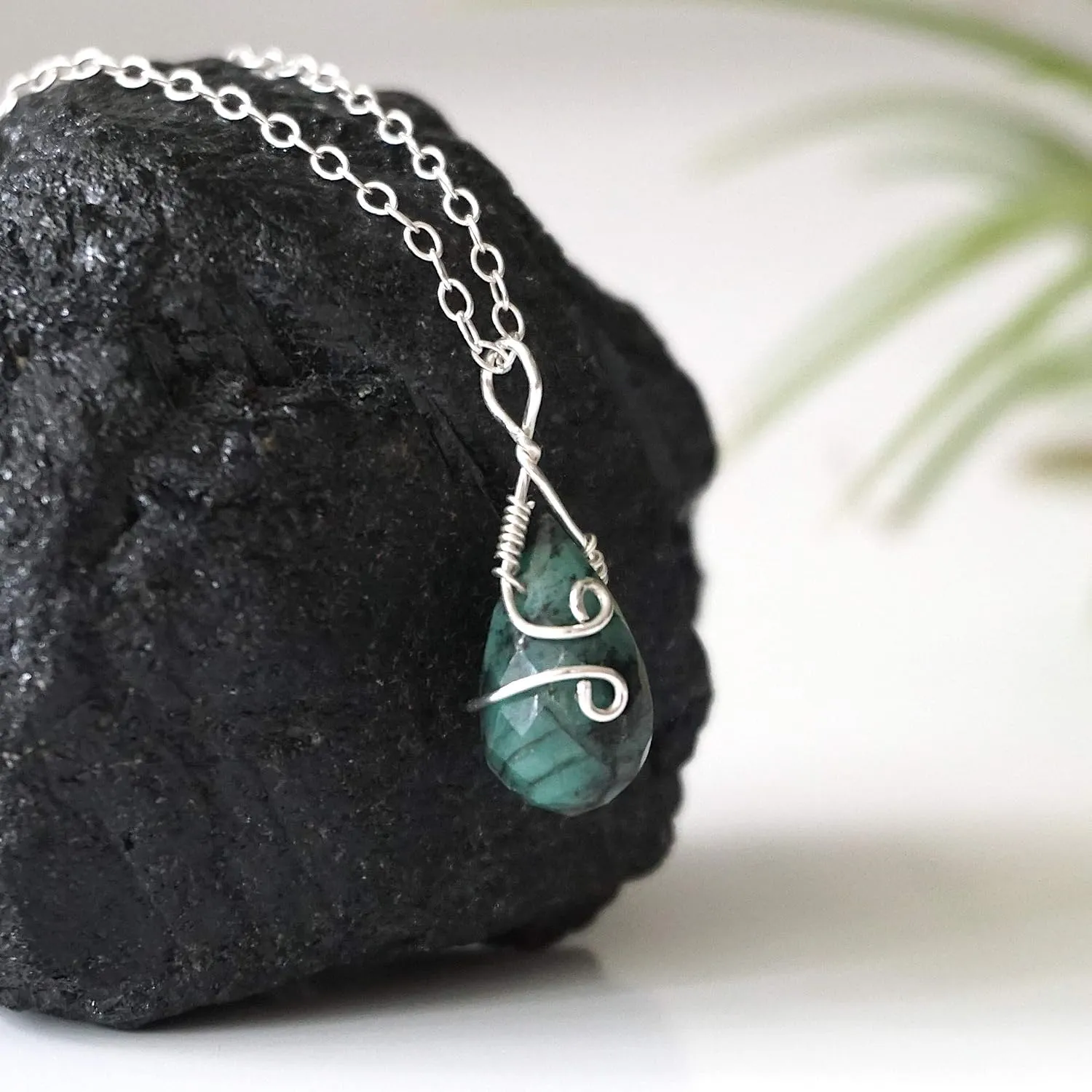 Designs by Nature Gems Handmade Womens Emerald Charm Necklace 18 inch Chain Sterling Silver, May Birthstone