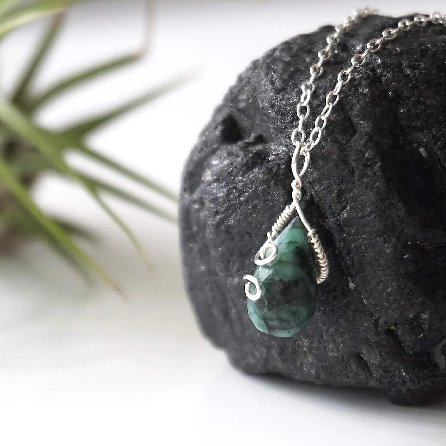 Designs by Nature Gems Handmade Womens Emerald Charm Necklace 18 inch Chain Sterling Silver, May Birthstone