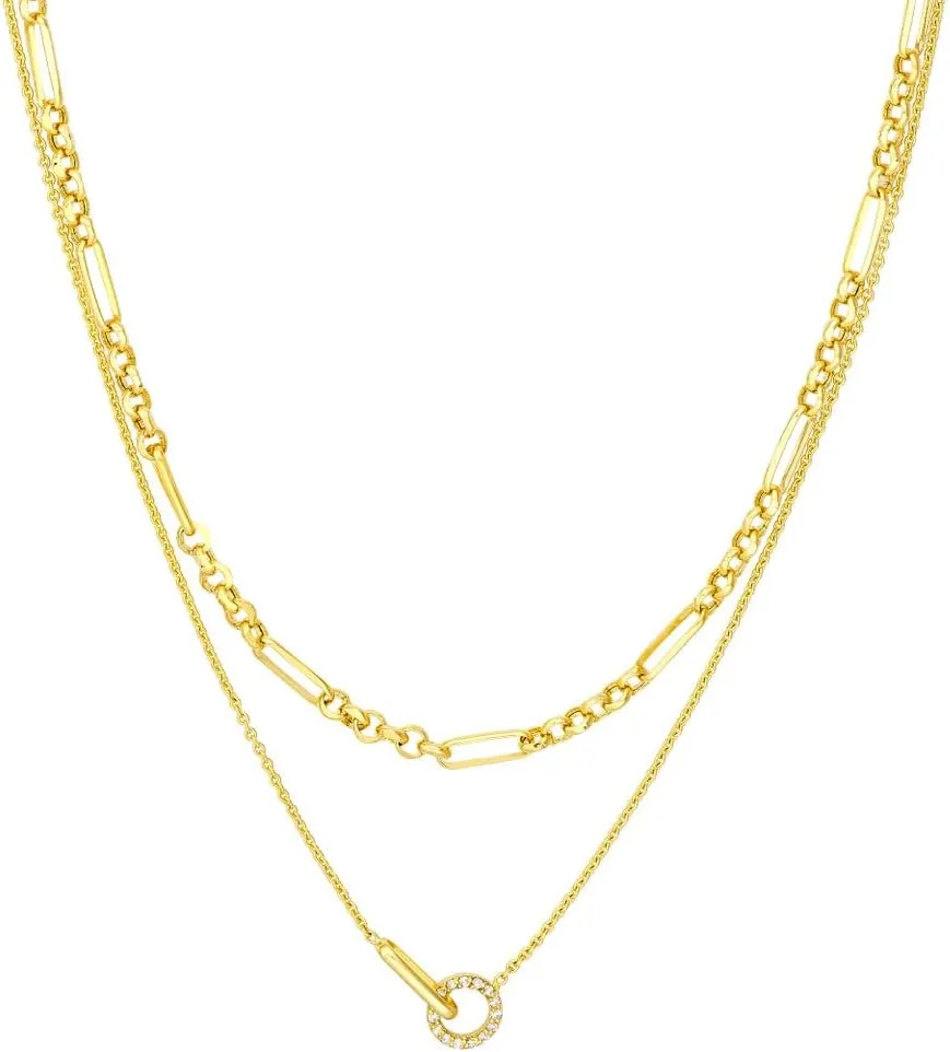 Diamond Circle Duet Layered Necklace - 14K Yellow Gold 16-18 Inch Adjustable