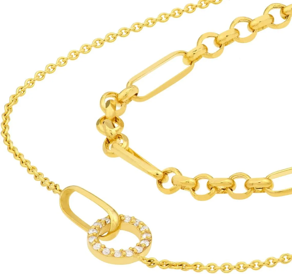 Diamond Circle Duet Layered Necklace - 14K Yellow Gold 16-18 Inch Adjustable