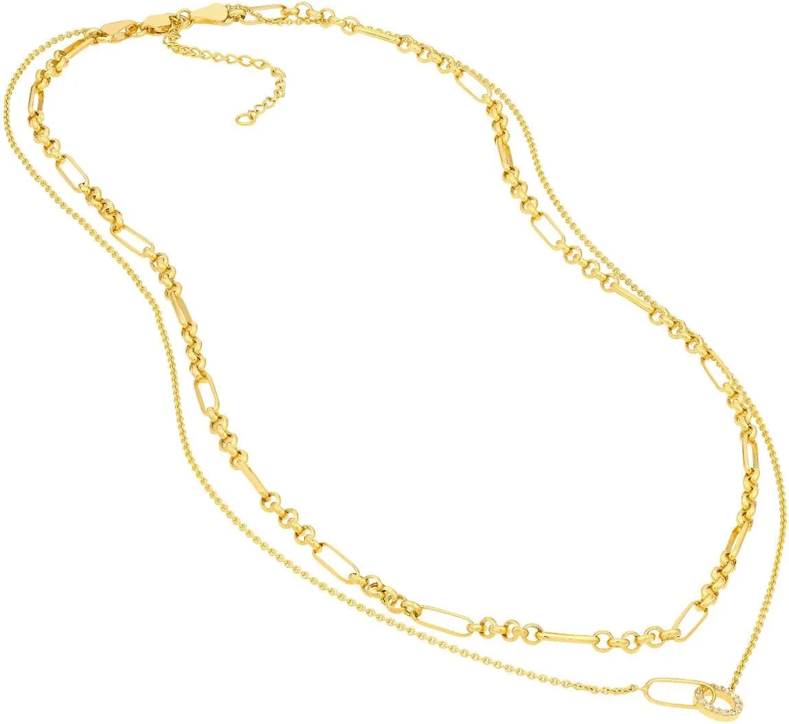 Diamond Circle Duet Layered Necklace - 14K Yellow Gold 16-18 Inch Adjustable