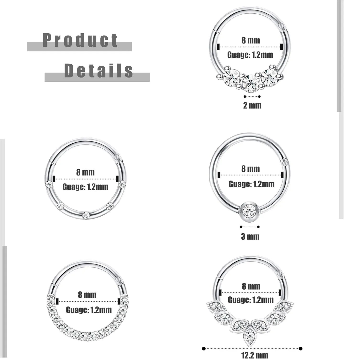 Drperfect Daith Earrings 16G Stainless Steel Cartilage Helix Tragus Nose Hoop Piercing Jewelry 8MM 10mm Silver Gold Rose Gold Black Plated CZ Hinged Septum Clicker Rings