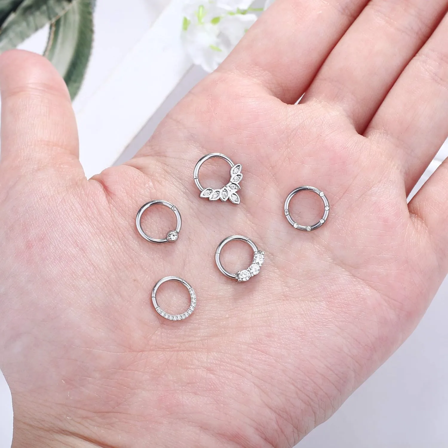 Drperfect Daith Earrings 16G Stainless Steel Cartilage Helix Tragus Nose Hoop Piercing Jewelry 8MM 10mm Silver Gold Rose Gold Black Plated CZ Hinged Septum Clicker Rings