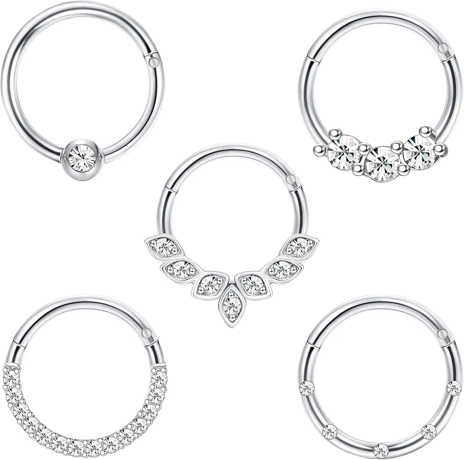 Drperfect Daith Earrings 16G Stainless Steel Cartilage Helix Tragus Nose Hoop Piercing Jewelry 8MM 10mm Silver Gold Rose Gold Black Plated CZ Hinged Septum Clicker Rings