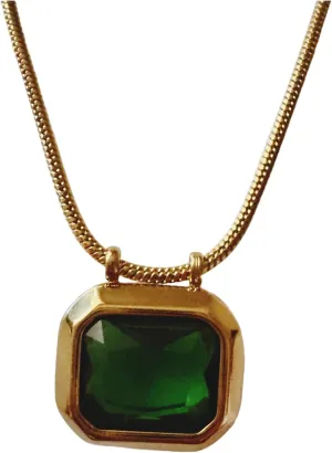 Elegant Square Emerald Crystal Pendant Necklace with Gold Snake Chain, Green