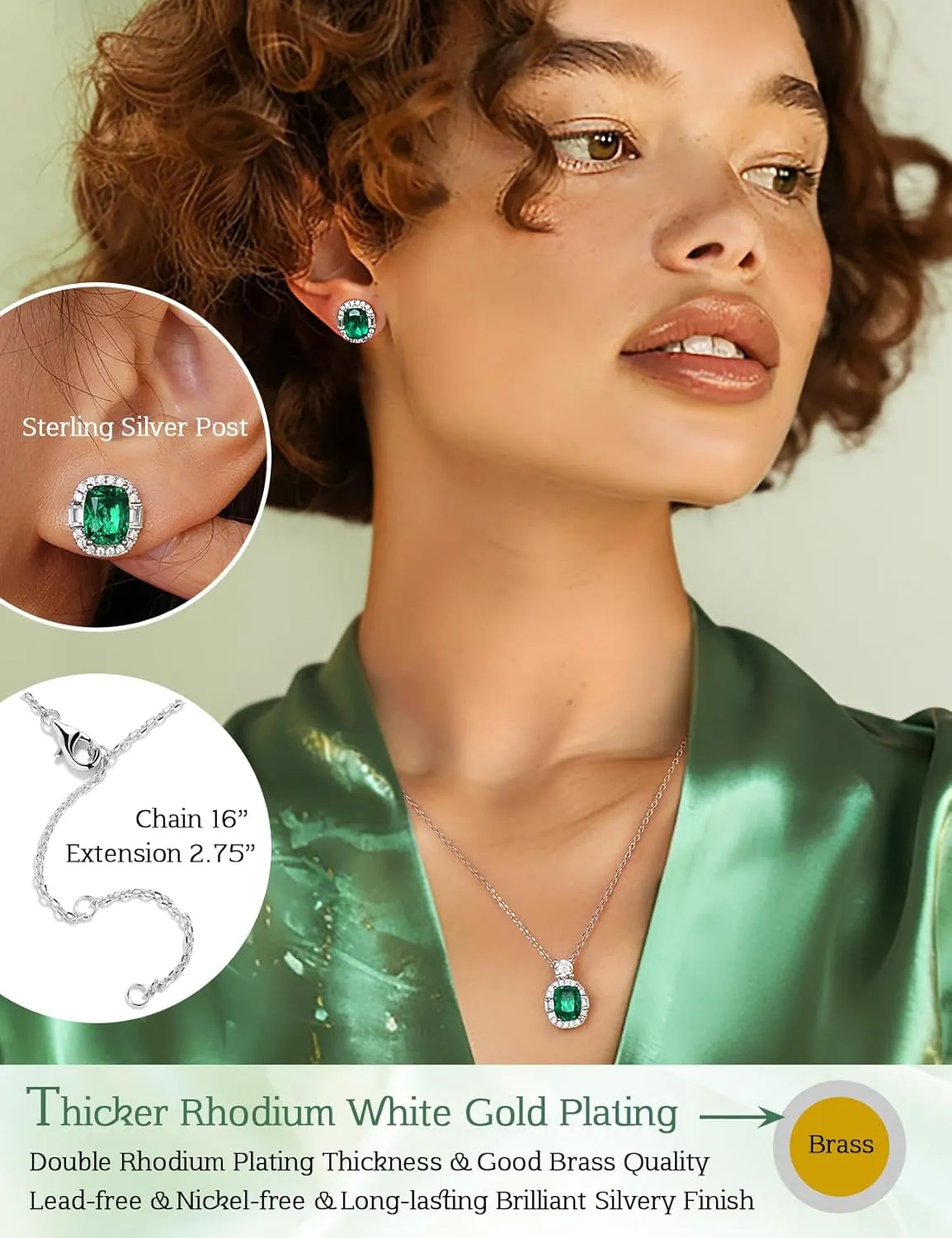Emerald Green Jewelry Sets for Women White Gold Plated Cushion Cut Halo Style Green Stud Earrings and Necklaces, Silver and Green Jewelry Set for Wedding Prom, Anniversary