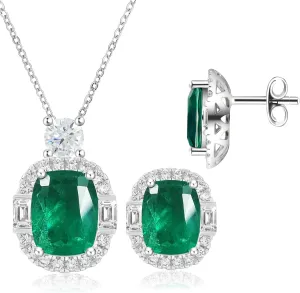 Emerald Green Jewelry Sets for Women White Gold Plated Cushion Cut Halo Style Green Stud Earrings and Necklaces, Silver and Green Jewelry Set for Wedding Prom, Anniversary