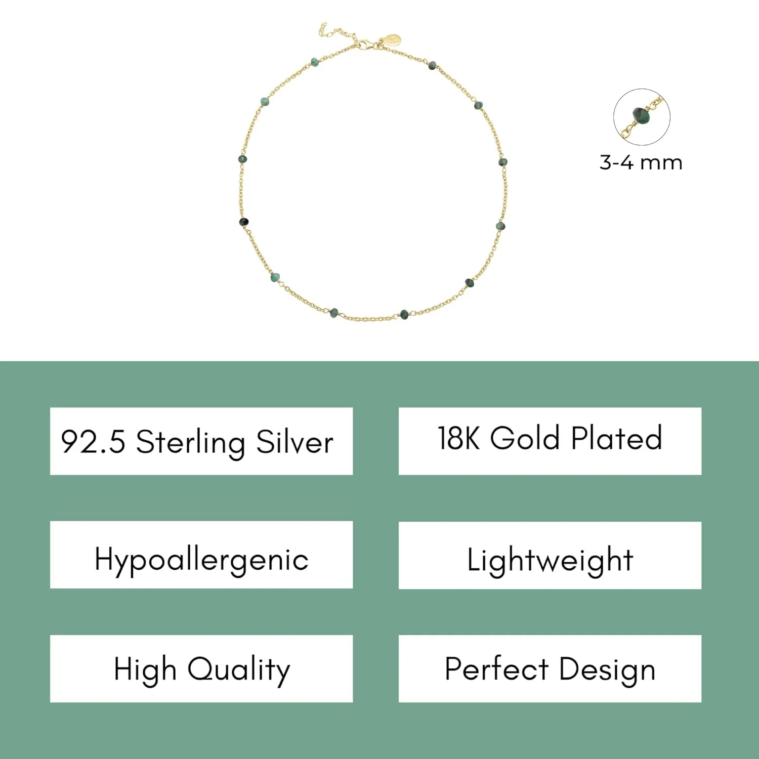 Emerald Necklace for Women, Premium Beaded Gold Necklaces for Women - Tarnish Free 18K Gold Vermeil Certified S925 Classic Statement Necklace Gold Jewelry for Women - Mothers Day Gifts for Mom Wife