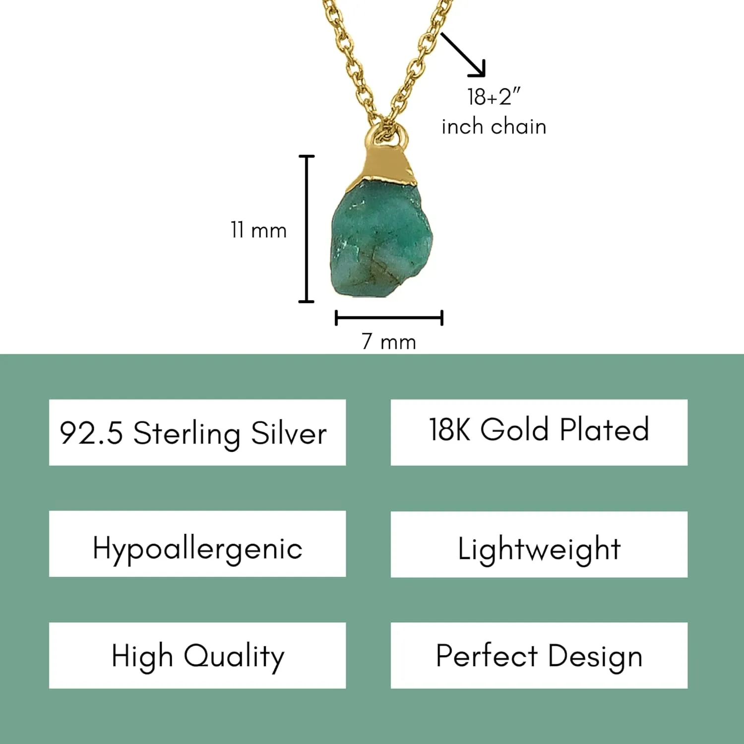 Emerald Necklace for Women, Premium Gold Raw Stone Necklaces - Tarnish Free 18K Gold Vermeil Certified S925 Classic Statement Necklace Gold Jewelry for Women - Mothers Day Gifts for Mom Wife