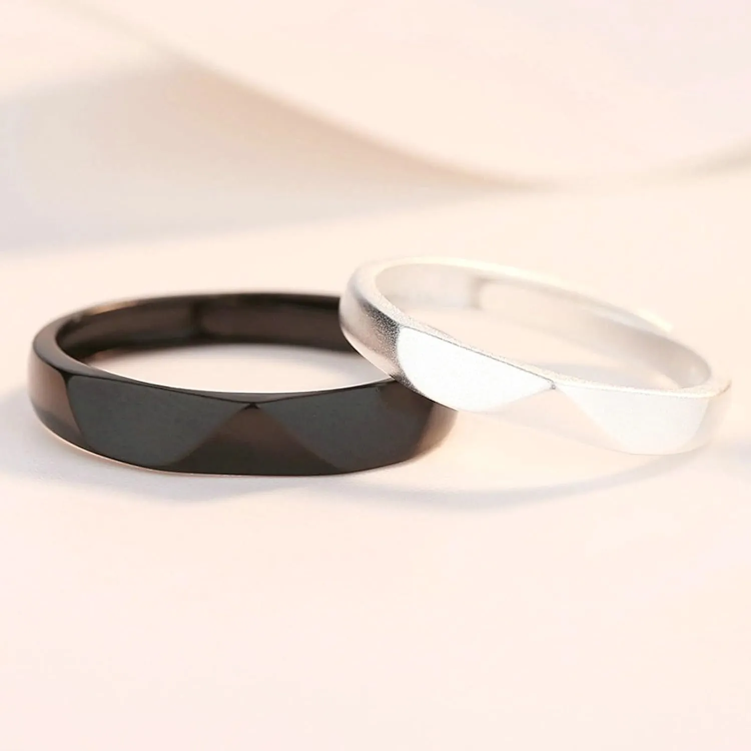 Engage Rings Sets His and Hers, Promise Rings for Couples Silver 925 Customize Adjustable Silver Black Ring Multi-Faceted