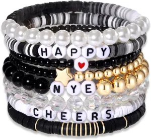 FAERLIIRY New Year Bracelets for Women - Beaded Stretch Stackable Bracelets, Clay Preppy 2024 Happy New Year Party Jewelry Gift