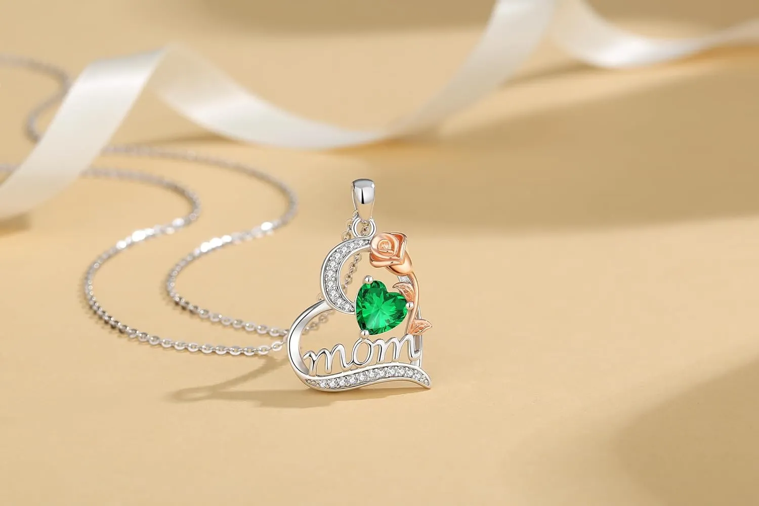 FANCIME Mom Birthstone Necklace for Women Rose Heart Necklace I Love You Mom Gifts Mother's Day Gifts Jewelry for Grandmother Women Wife, 16" 2" Inches