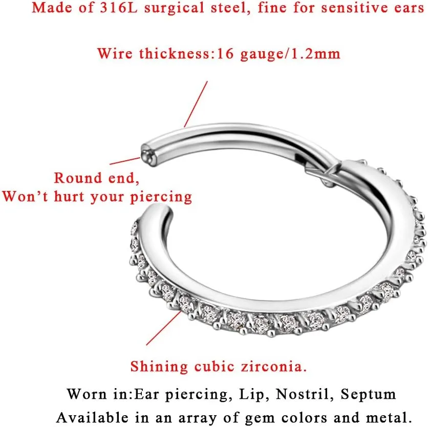 FANSING 316L Surgical Steel Zirconia Piercing Rings for Daith Helix Cartilage Conch Earlobe Ear Piercings