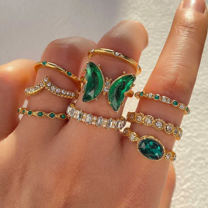 Fashion Green Stone butterfly Snake-مجموعة خواتم