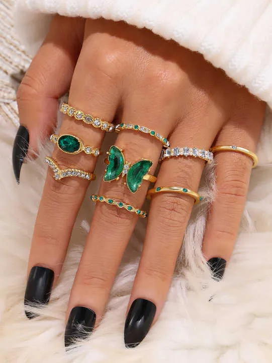 Fashion Green Stone butterfly Snake-مجموعة خواتم