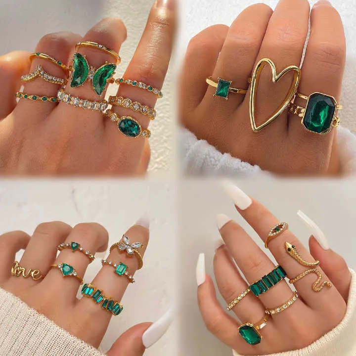 Fashion Green Stone butterfly Snake-مجموعة خواتم