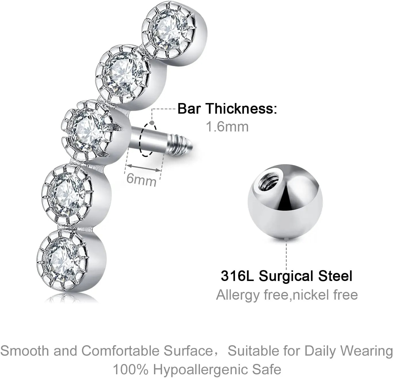FECTAS 8PCS 16G Cartilage Earrings for Women, Helix Piercing Jewelry, Stainless Steel Conch Daith Tragus Silver Rose Gold Stud Earrings with Replacement Flat Backs