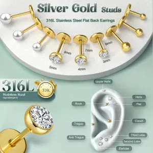 Flat Back Earrings Stud : 14K Gold Filled Titanium Surgical Steel Earrings Hypoallergenic Piercing Taper Ball Grabber Tool for Changing Jewelry