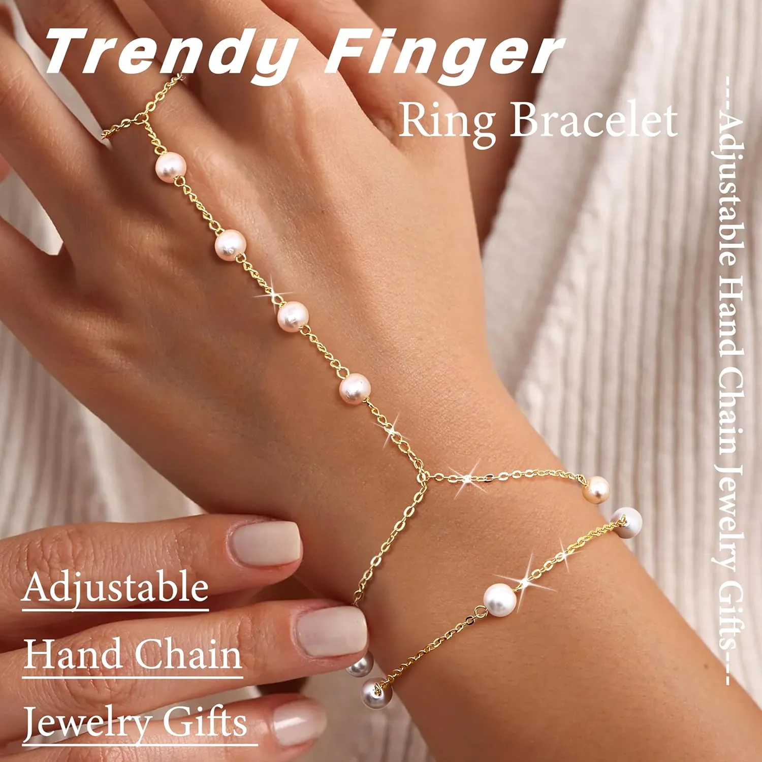 Florideco Gold Hand Chain Bracelets for Women Trendy 2 Piece Adjustable Finger Ring Bracelet Stack Dainty 14K Gold Plated CZ Layered Beaded Hand Chains Jewelry Gifts