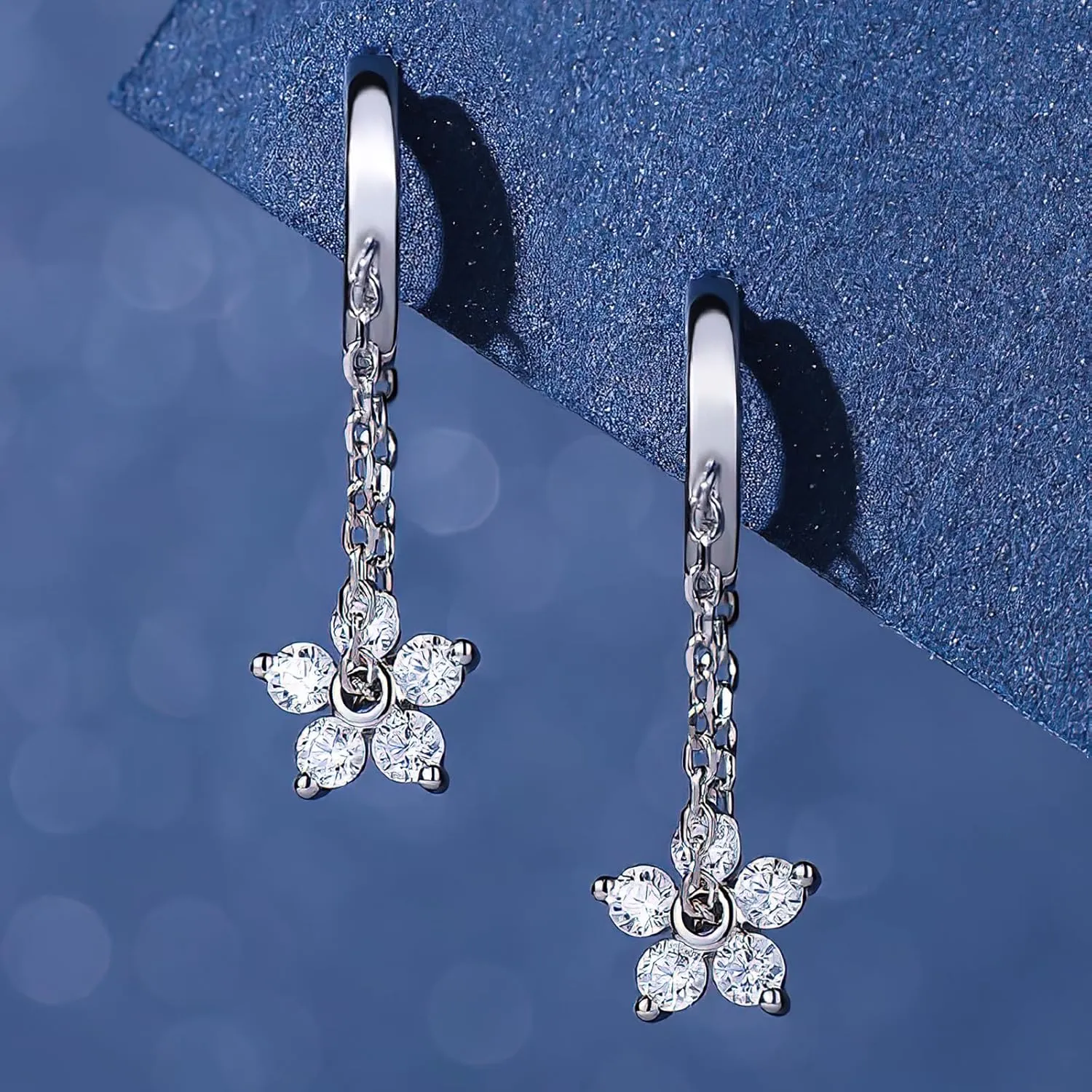 Flower Chain Drop Hoop Earrings for Women, S925 Sterling Silver Cubic Zirconia Huggie Hoop Dangle Earrings AS Birthday Jewelry from Best Friends