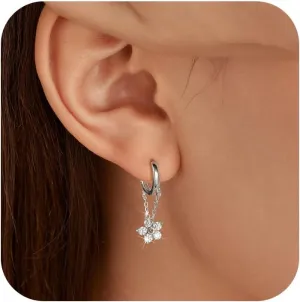 Flower Chain Drop Hoop Earrings for Women, S925 Sterling Silver Cubic Zirconia Huggie Hoop Dangle Earrings AS Birthday Jewelry from Best Friends