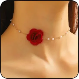 Flower Choker Necklaces for Women Rose Necklace for Women with Pearl Dainty Red Rose Choker Necklace for Women Flower Jewelry for Women Party Prom