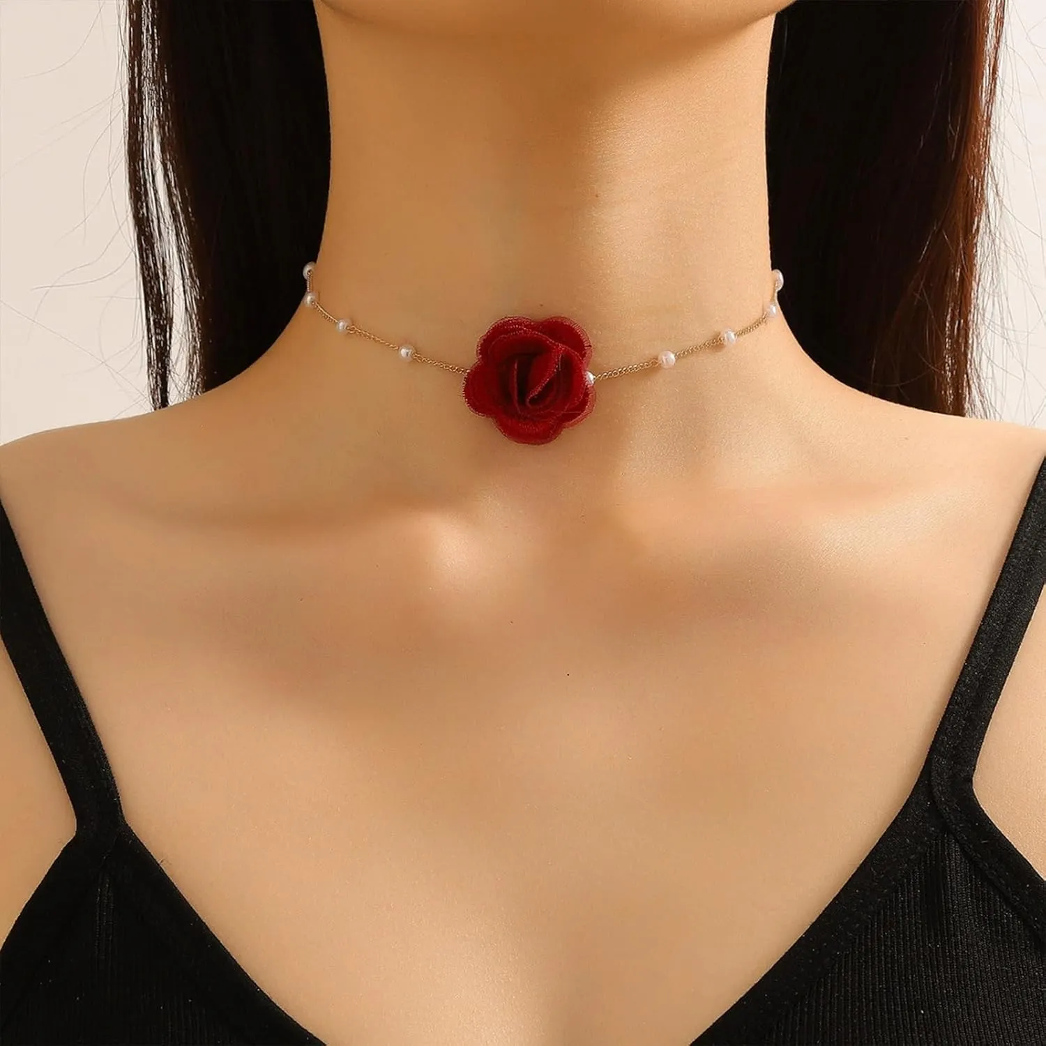 Flower Choker Necklaces for Women Rose Necklace for Women with Pearl Dainty Red Rose Choker Necklace for Women Flower Jewelry for Women Party Prom
