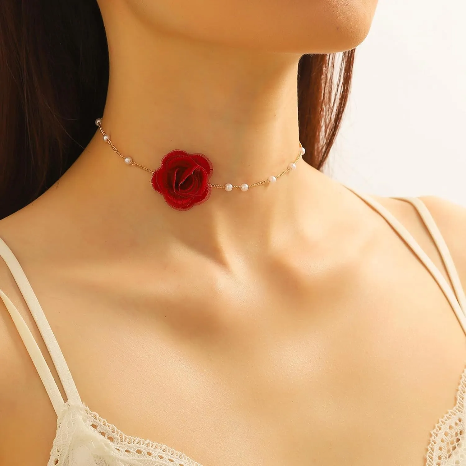 Flower Choker Necklaces for Women Rose Necklace for Women with Pearl Dainty Red Rose Choker Necklace for Women Flower Jewelry for Women Party Prom
