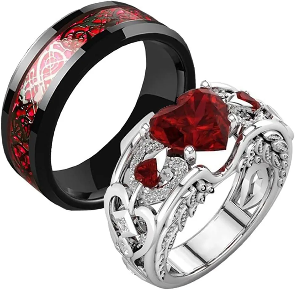 Forever Love Heart Shaped Ring Set for Her and Him Red Celtic Dragon Ring Matching Couple Rings for Wedding Bands Anniversary Engagement Promise Rings Bridal Sets