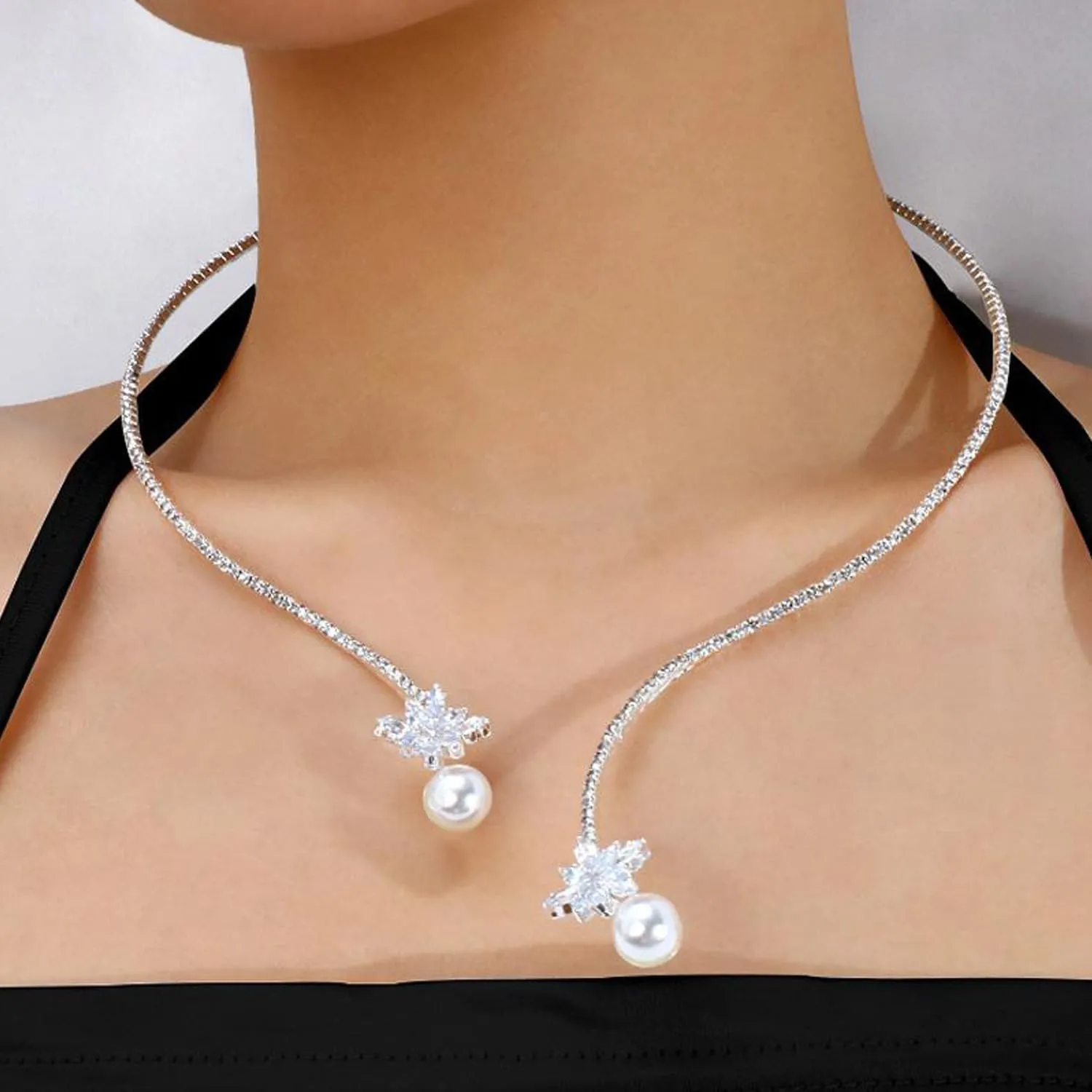 Fringe Round Rhinestone Choker Necklace Silver Crystal Trendy Faux Pearl Necklaces For Women Costume Jewelry