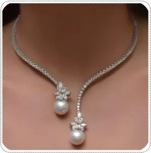 Fringe Round Rhinestone Choker Necklace Silver Crystal Trendy Faux Pearl Necklaces For Women Costume Jewelry