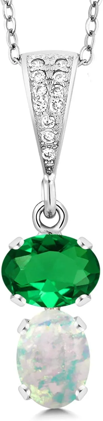 Gem Stone King 925 Sterling Silver Green Nano Emerald and White Simulated Opal Pendant Necklace For Women (2.12 Cttw, Gemstone May Birthstone, Oval 8x6MM, with 18 Inch Chain)
