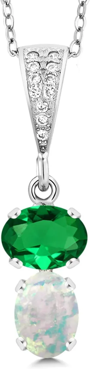 Gem Stone King 925 Sterling Silver Green Nano Emerald and White Simulated Opal Pendant Necklace For Women (2.12 Cttw, Gemstone May Birthstone, Oval 8x6MM, with 18 Inch Chain)
