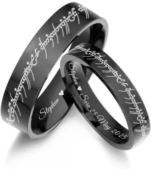 Gemini Flat Black Titanium Couple Rings Set Custom Engraved Matching Bands for Him and Her, Elvish Design Wedding Bands, Personalized Gift for Anniversary, Engagement, Promise Rings
