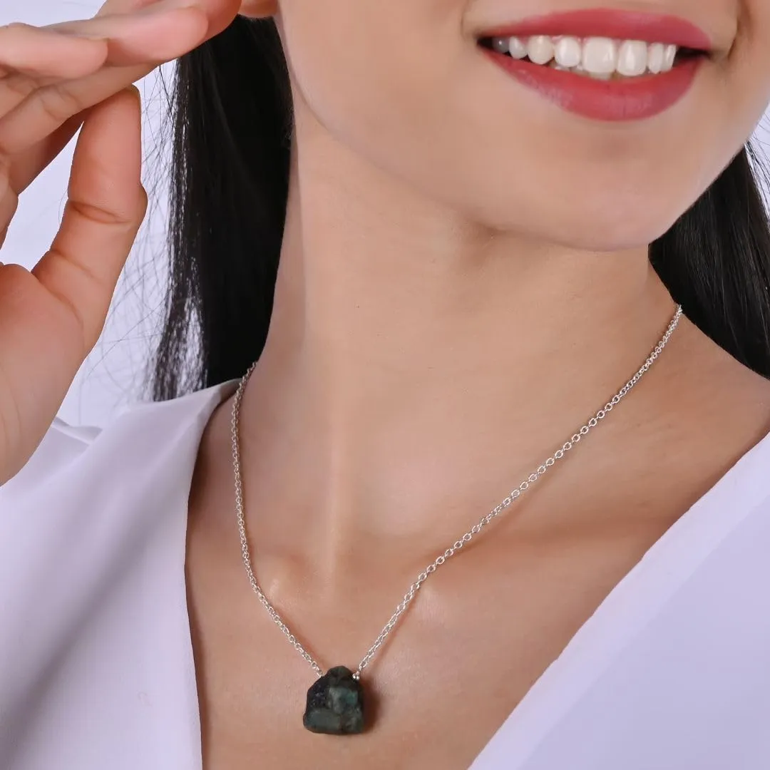 Gempires Raw Emerald Gemstone Pendant Necklace May Birthstone Handmade Jewelry Hypoallergenic 18 Inch Silver Plated Dainty Statement Crystal Necklaces