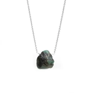 Gempires Raw Emerald Gemstone Pendant Necklace May Birthstone Handmade Jewelry Hypoallergenic 18 Inch Silver Plated Dainty Statement Crystal Necklaces