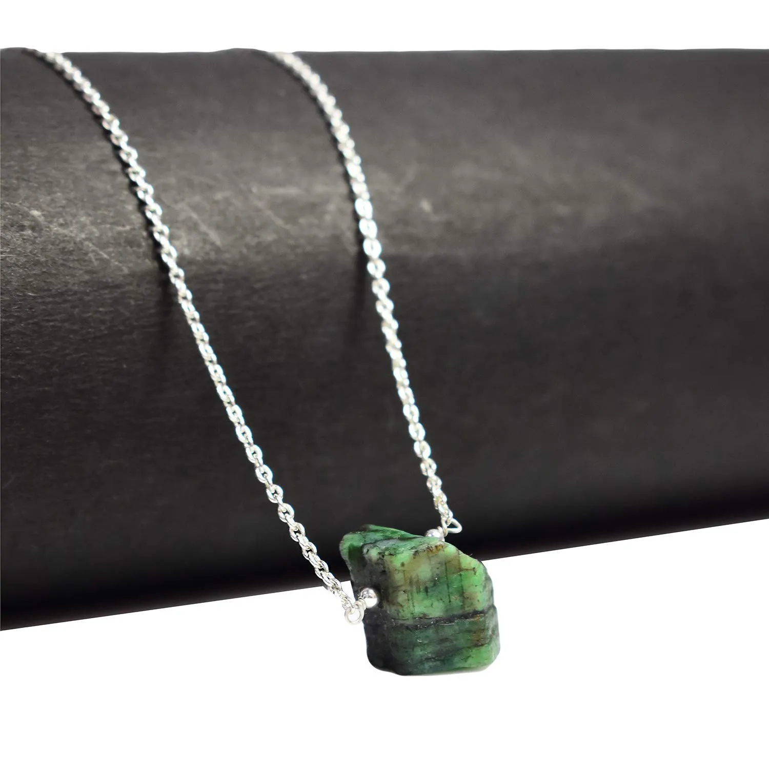 Gempires Raw Emerald Gemstone Pendant Necklace May Birthstone Handmade Jewelry Hypoallergenic 18 Inch Silver Plated Dainty Statement Crystal Necklaces