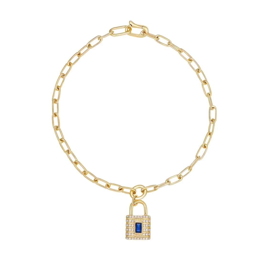 Gemstone Center and Diamonds Lock Charm on Paperclip Bracelet