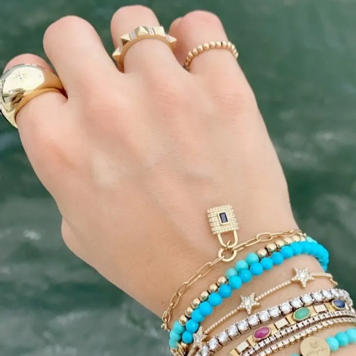 Gemstone Center and Diamonds Lock Charm on Paperclip Bracelet