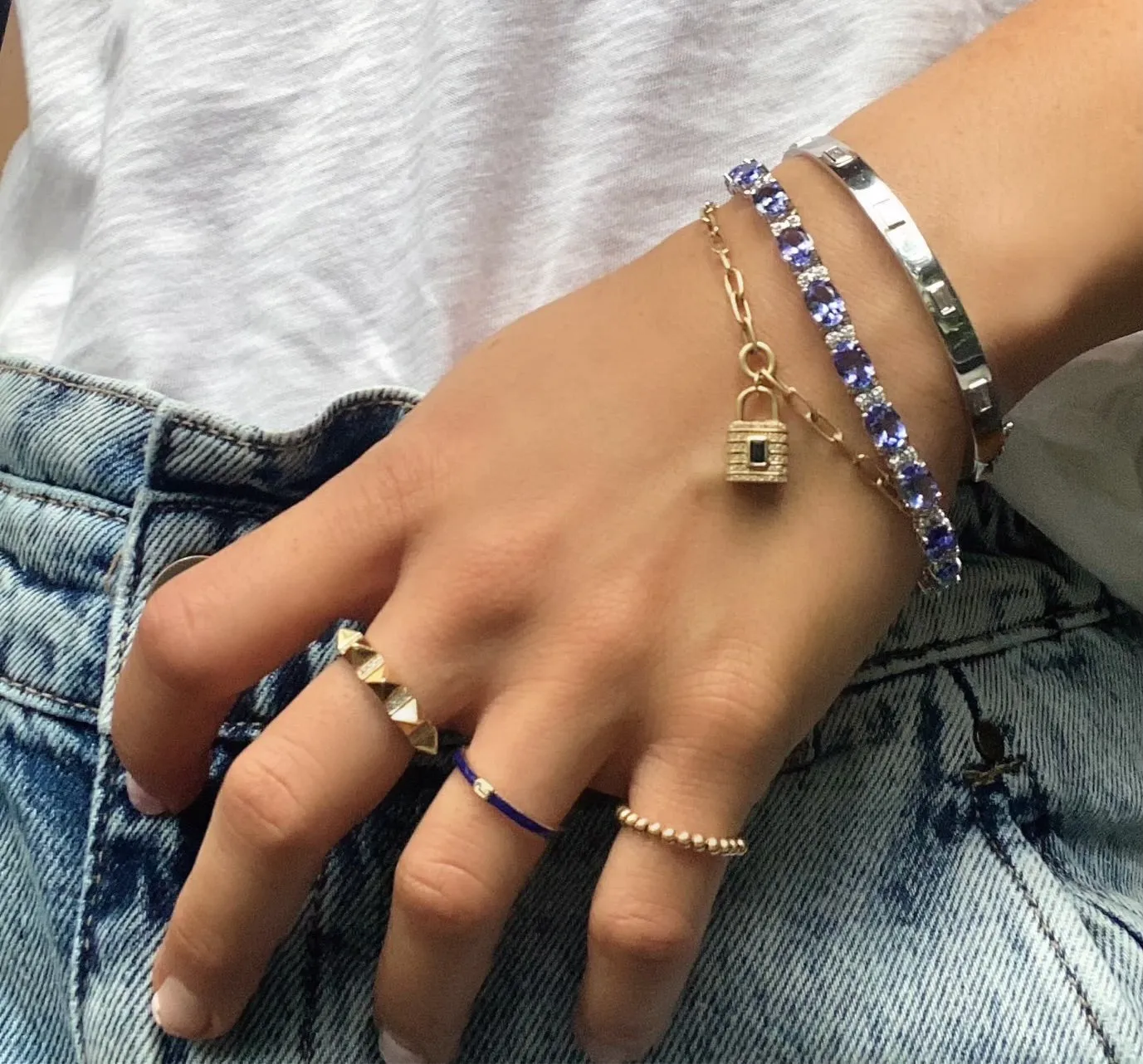 Gemstone Center and Diamonds Lock Charm on Paperclip Bracelet
