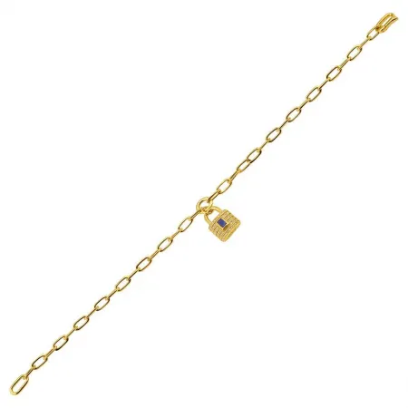 Gemstone Center and Diamonds Lock Charm on Paperclip Bracelet